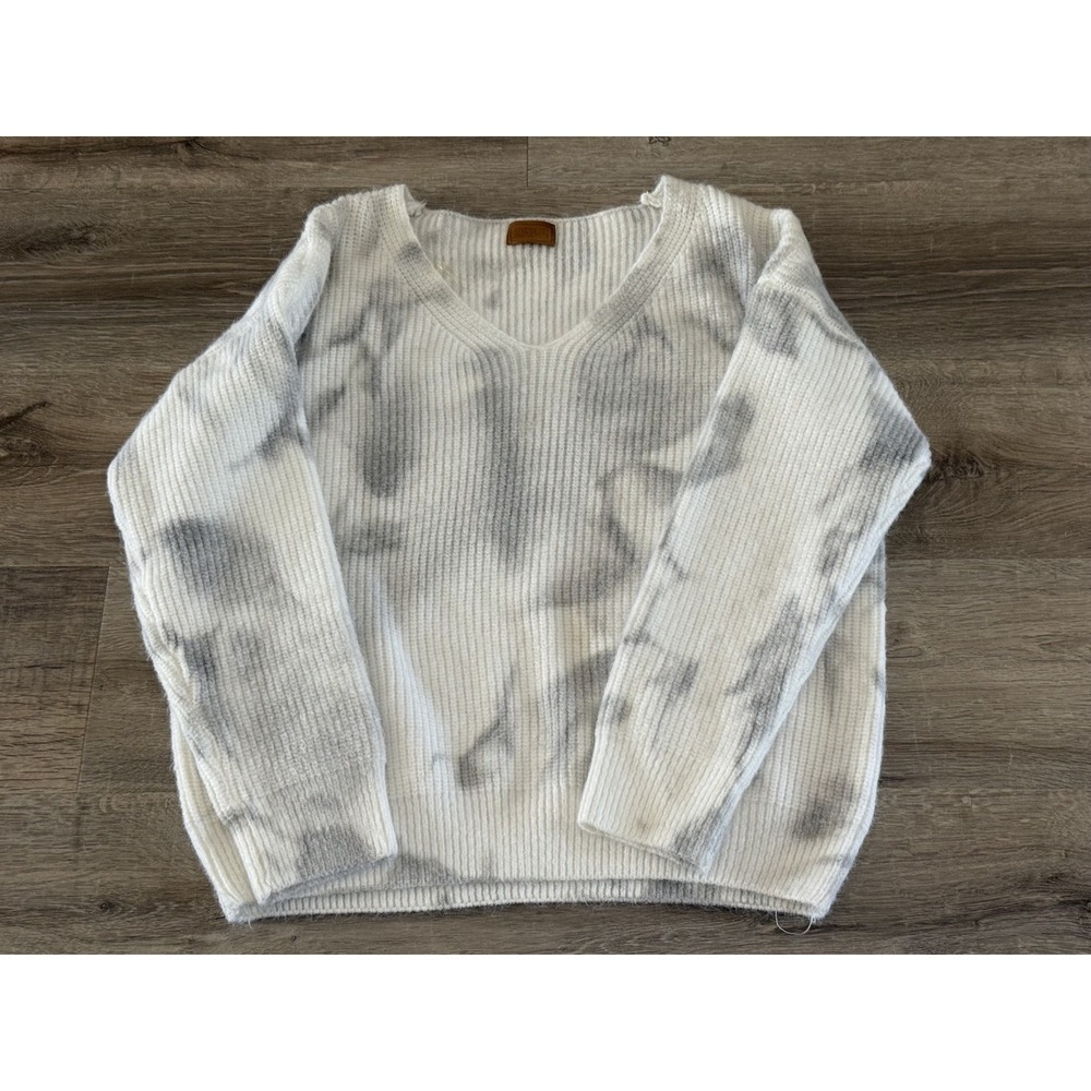 POL Women Grey White Tie Dye Ribbed V-Neck Sweater BST312A Medium